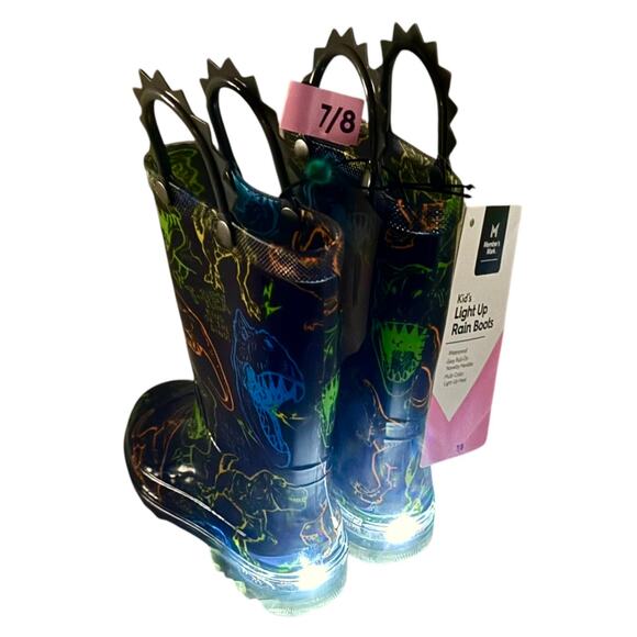 NEW Light Up RAIN BOOTS 7/8 Boys Kids Dinosaur T REX Rubber Boot Shoes Lights - Picture 2 of 9